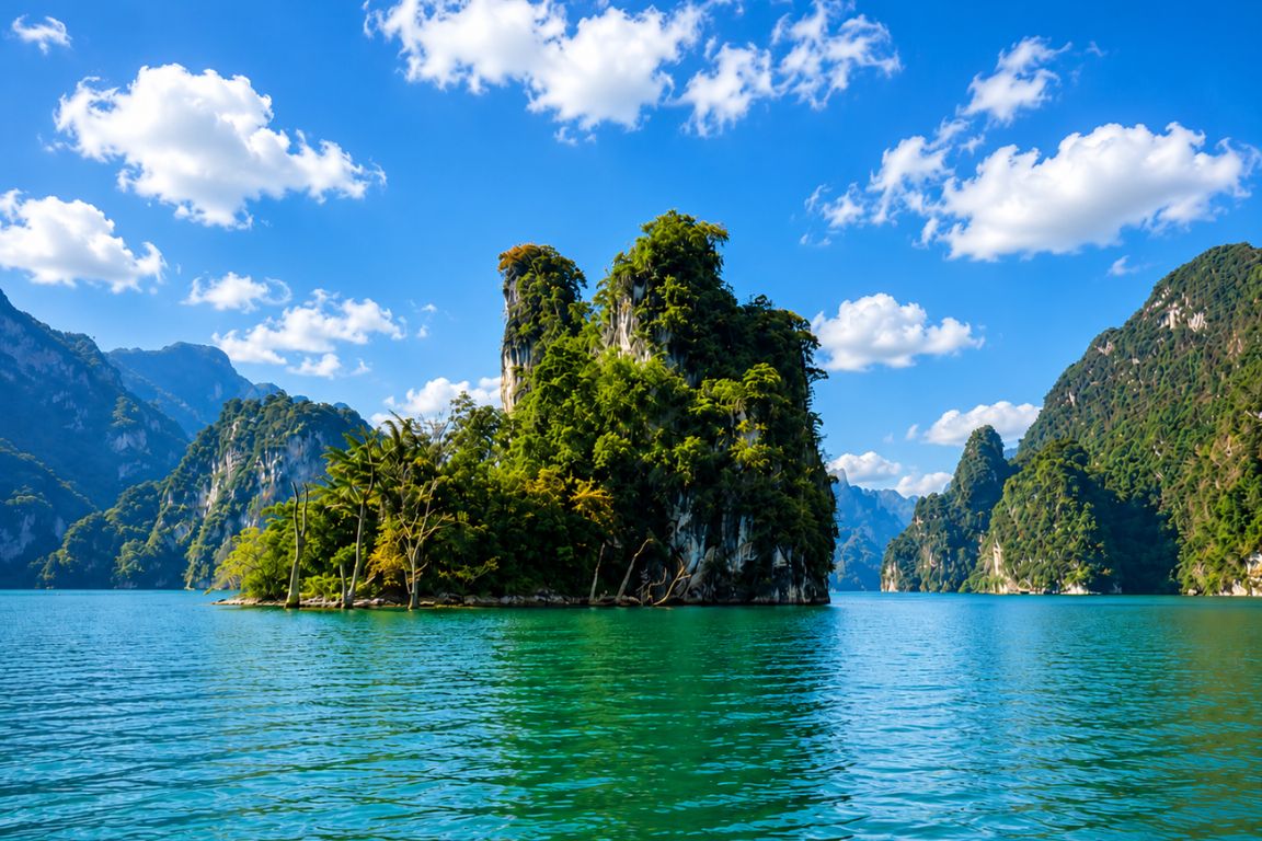 Natural beauty of Cheow Lan Lake and towering limestone mountains during a guided Khao Sok National Park Tours experience