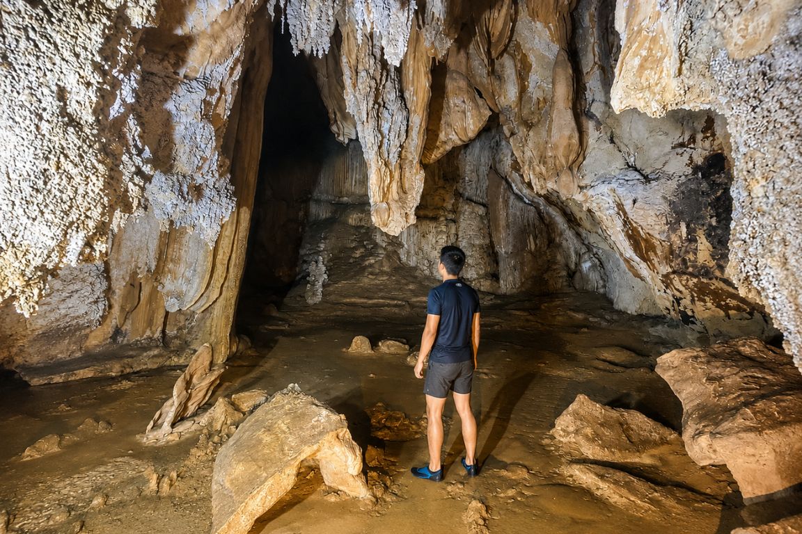 Traveler exploring Coral Cave in Khao Sok National Park during a guided cave tour with our agency