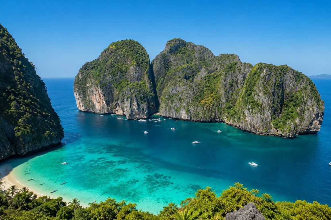 Panoramic view of the Phi Phi Islands with turquoise water and limestone cliffs during a tour with Khao Sok National Park Tours