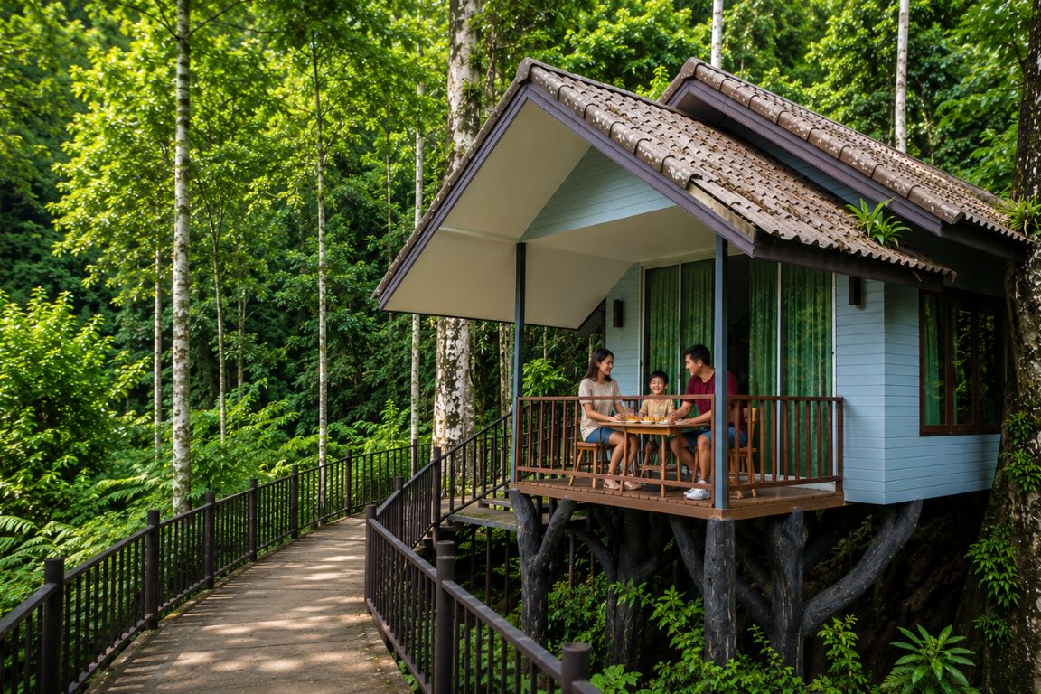 Scenic rainforest lodging at Rock and Treehouse Resort in Khao Sok National Park during a family tour experience