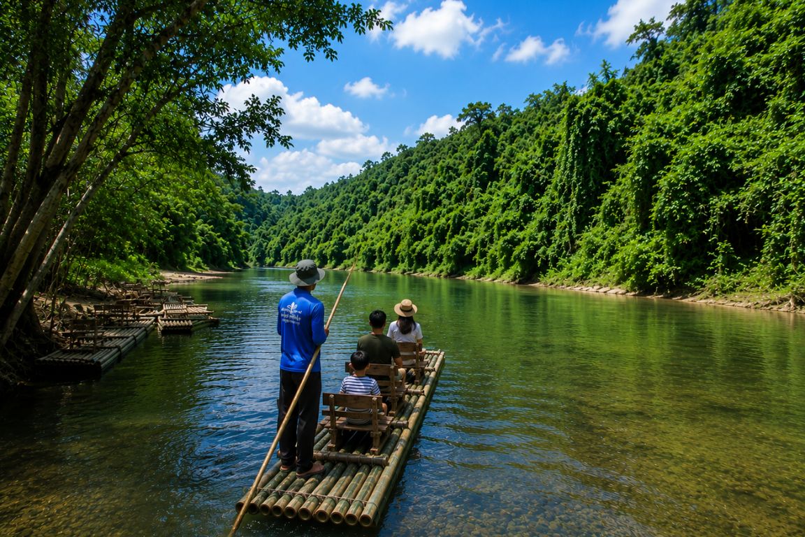 Family-friendly bamboo rafting experience on Sok River during a guided tour with Khao Sok National Park Tours