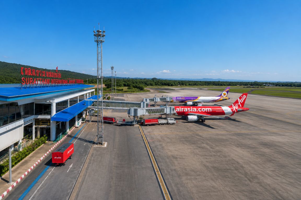 Surat Thani Airport terminal and aircraft photographed during a Khao Sok National Park Tours journey