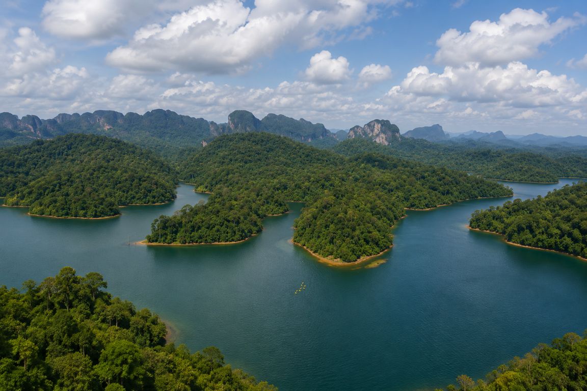 Scenic rainforest landscape and emerald lake in Khao Sok National Park captured during a tour with our agency